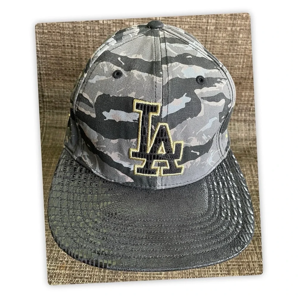 LA Dodgers Camo SnapBack Hat Black Brim Gold Logo Baseball Cap Adjustable